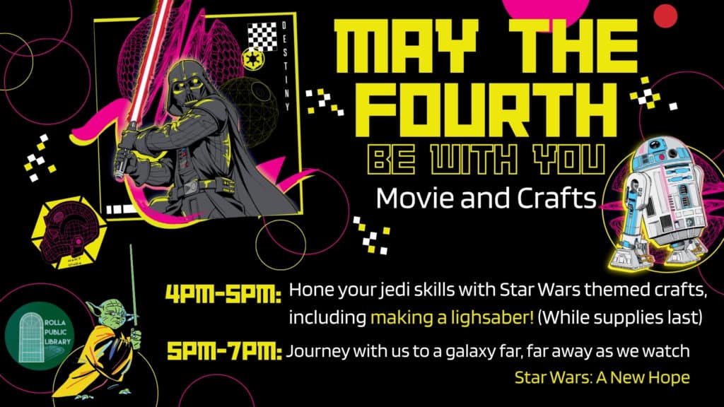 Join us for an afternoon in a galaxy far, far away on May the 4th! 4–5 PM: Hone your Jedi skills with Star Wars themed crafts, including making your very own lightsaber (while supplies last). 5–7 PM: Settle in for a screening of the very first Star Wars movie ever released. We’ll provide popcorn but feel free to bring your own snacks and blankets to get comfy. May the Force be with you as we celebrate all things Star Wars!